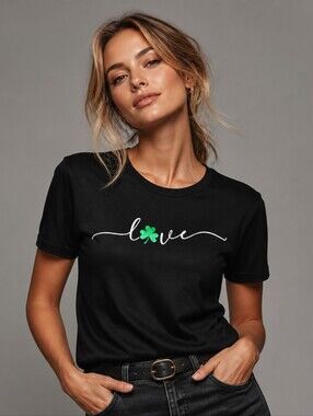 Celebrate It Black Short-Sleeve Tee with White 'love' Script and Green Clover